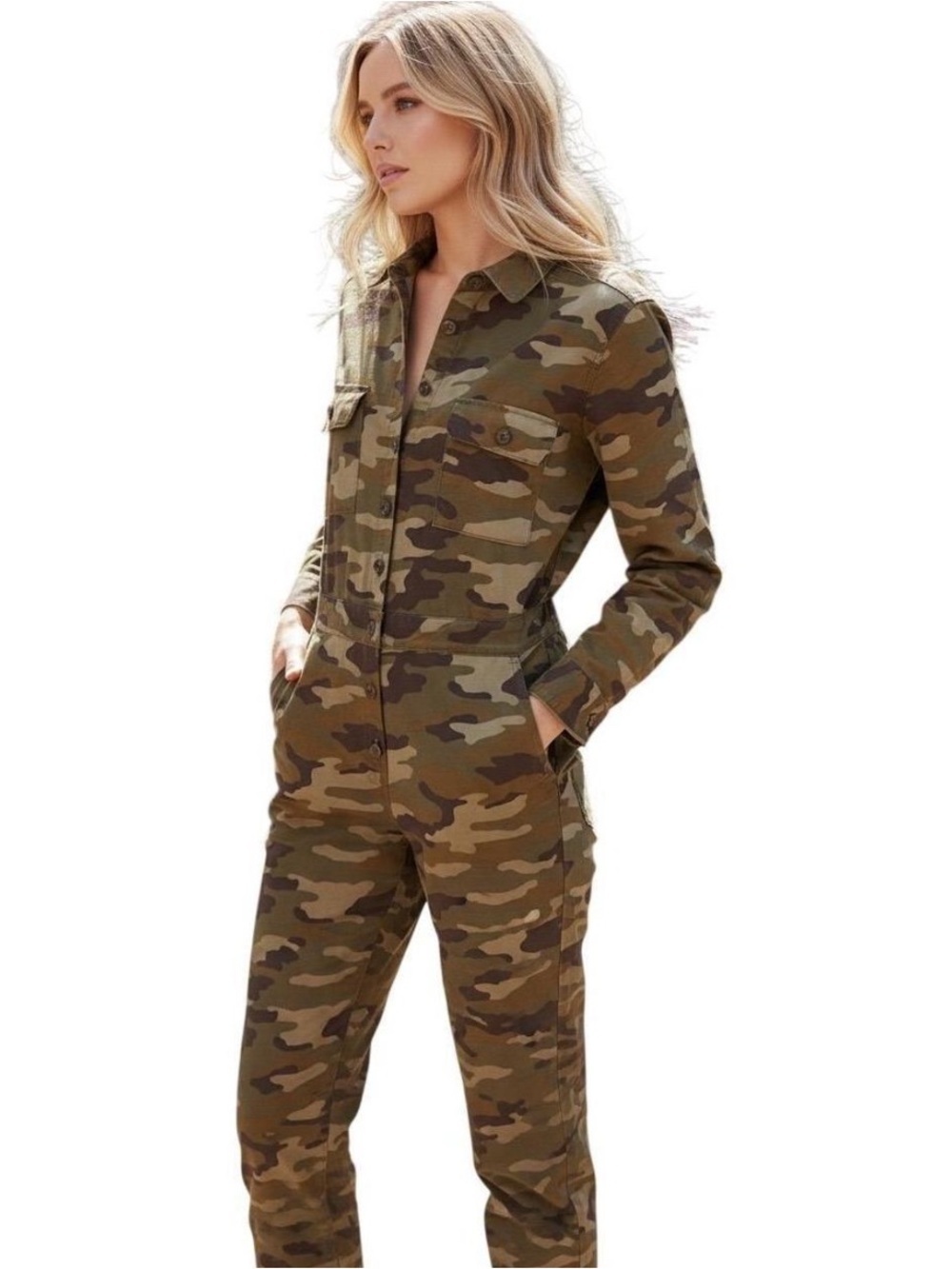 Outerknown SEA suit camouflage long sleeve utility jumpsuit linen blend